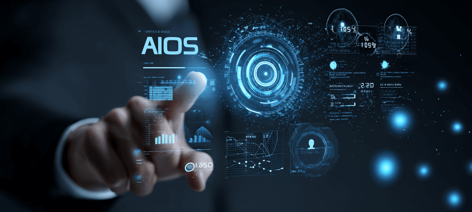 A hand pointing to an AIOS dashboard